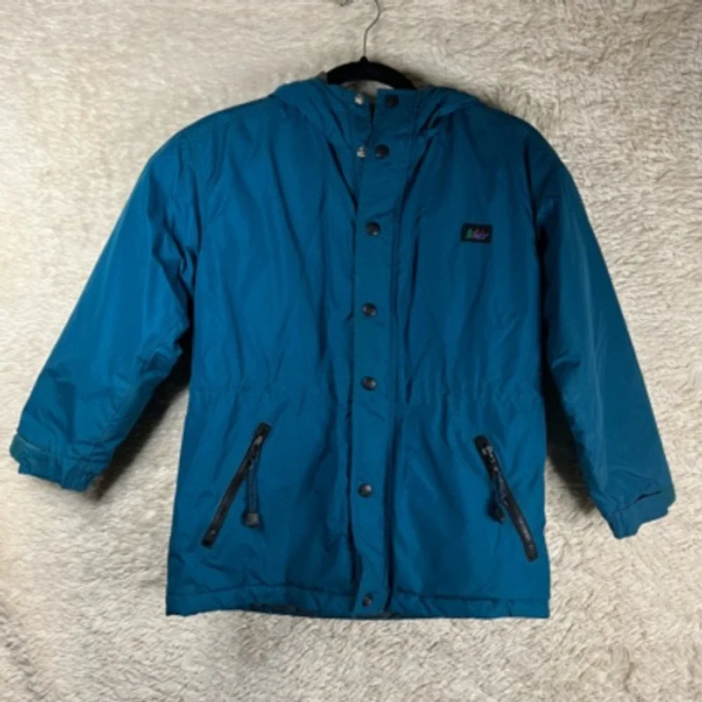 REI‎ Girls Jacket Teal Blue Zip Pockets Snap Buttons Hooded Long Sleeve M 8/10